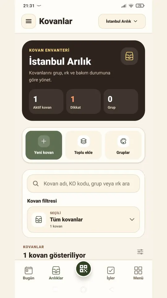 Kovania kovan envanteri ve kovan yönetimi ekranı